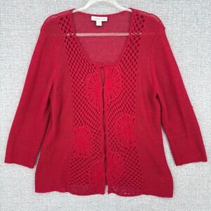 Vtg Coldwater Creek Cardigan Sweater Women L Red Crochet Knit Linen Blend Boho